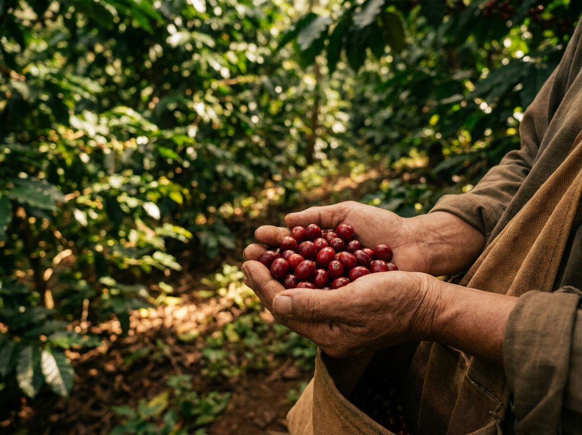 Freshly picked coffee cherries on a shaded highland farm