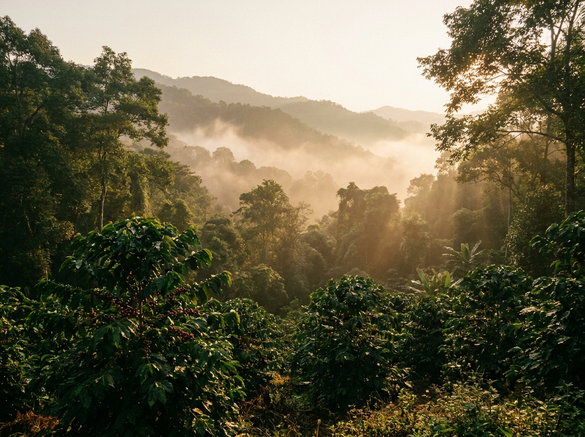Misty highland coffee canopy in Northern Thailand