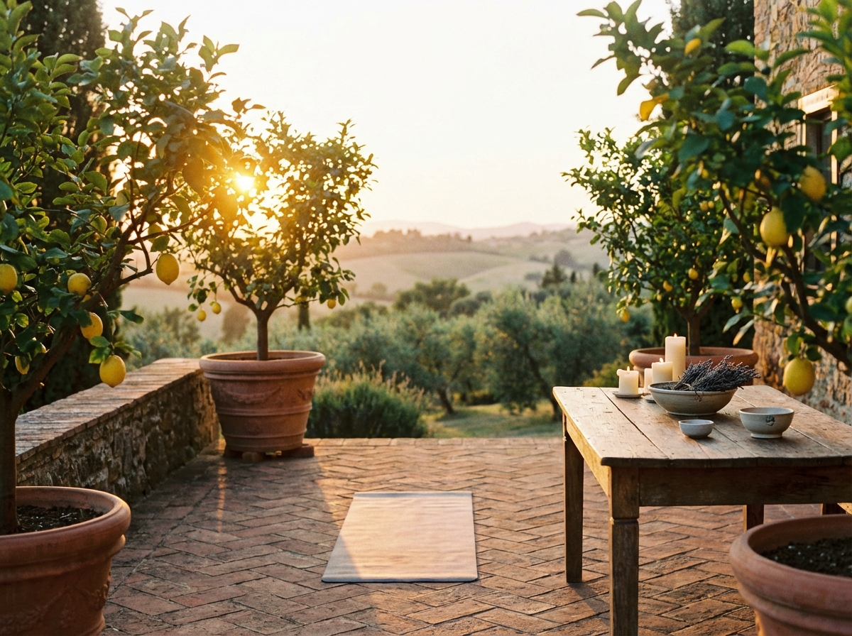 Casa Limoni – Einladende mediterrane Terrasse mit Yogamatte, Zitronenbäumen und Kerzen bei Sonnenuntergang