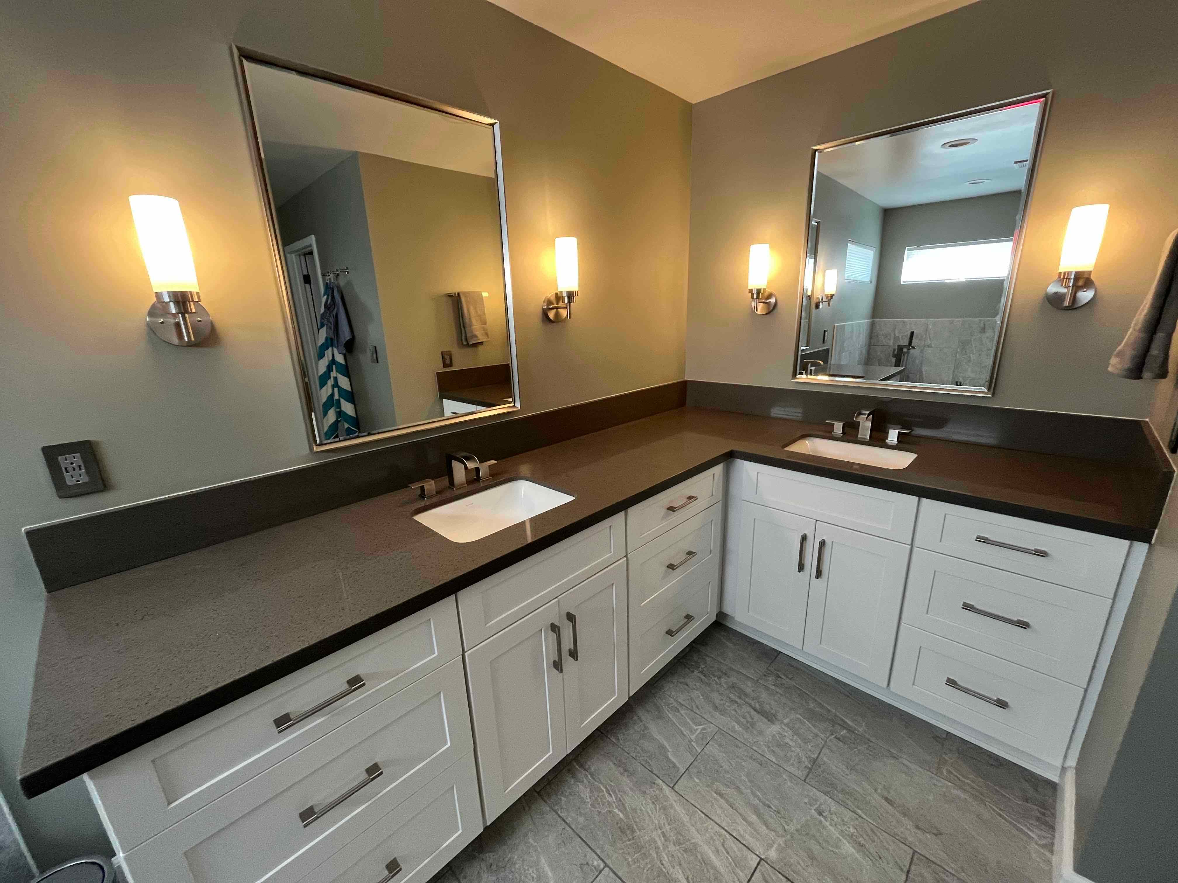 L-Shaped Double Vanity - Dark Quartz & White Shaker