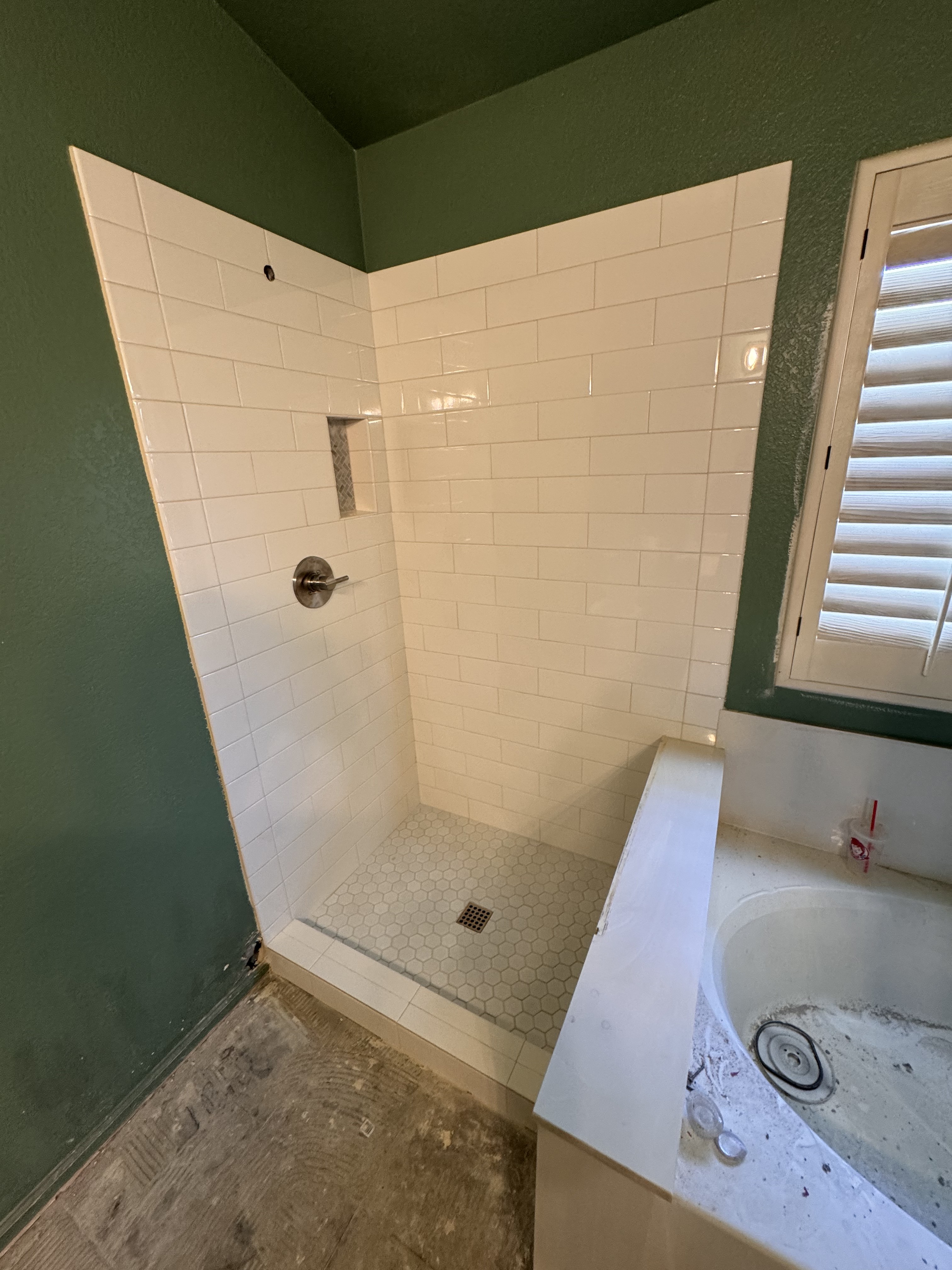 Shower Tile Complete - White Subway & Hexagon Floor