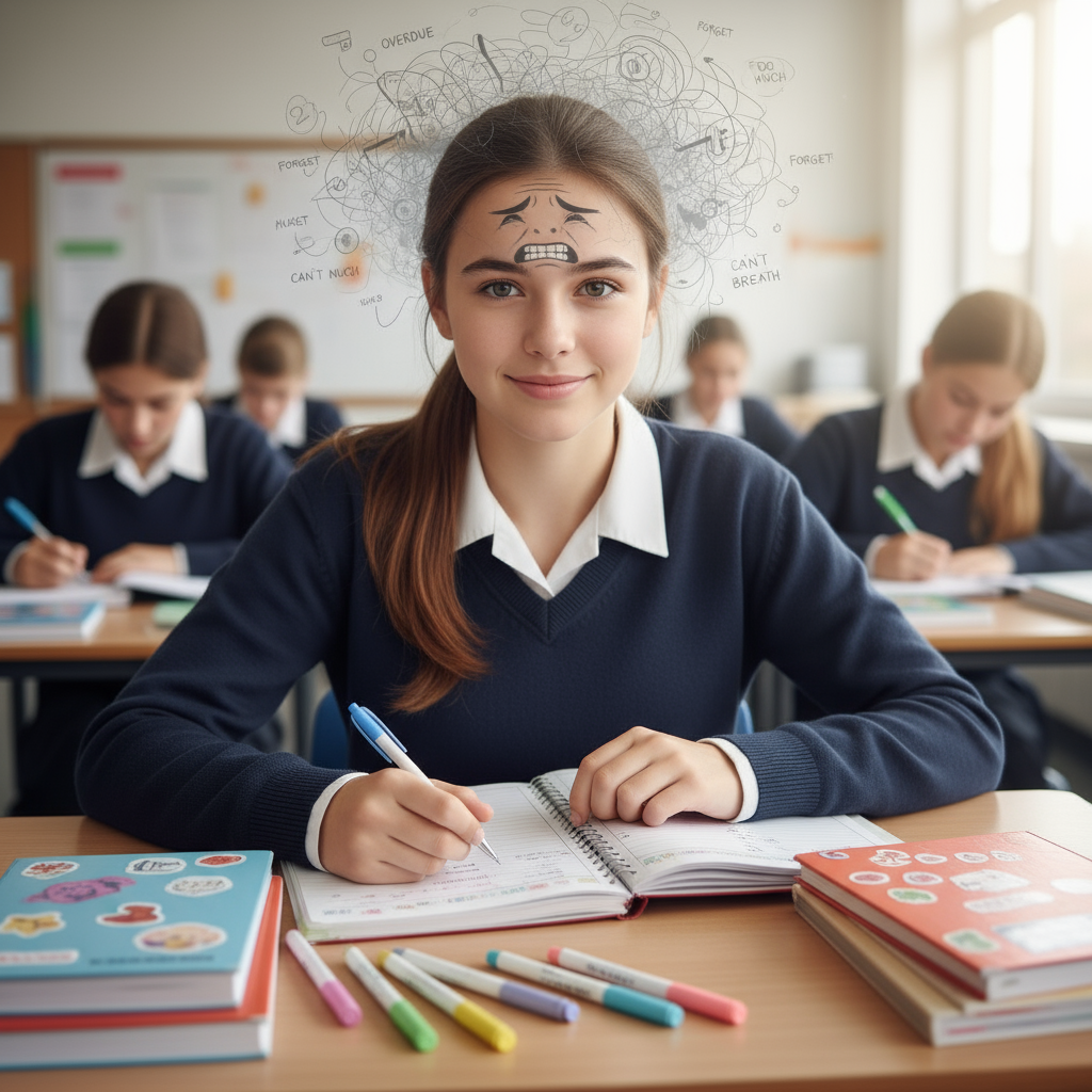 Girl with ADHD masking in classroom with organized notes