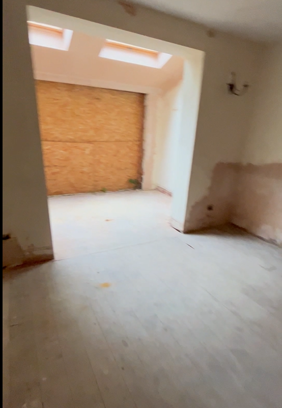 Kitchen before refurb - OSB boards, weeds growing inside