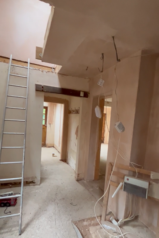 Hallway before refurb - ladder, exposed plaster, wiring