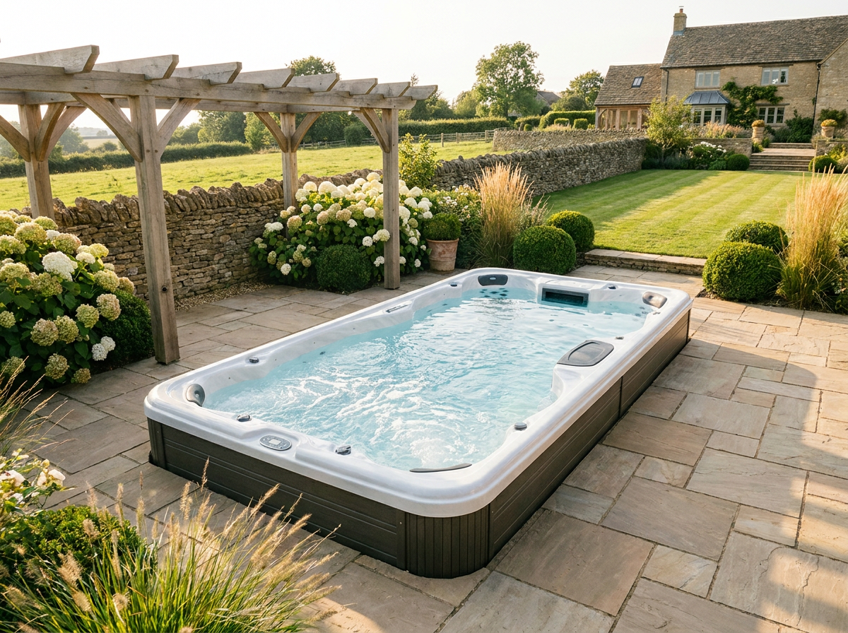 Luxury swim spa installed in a beautifully landscaped garden
