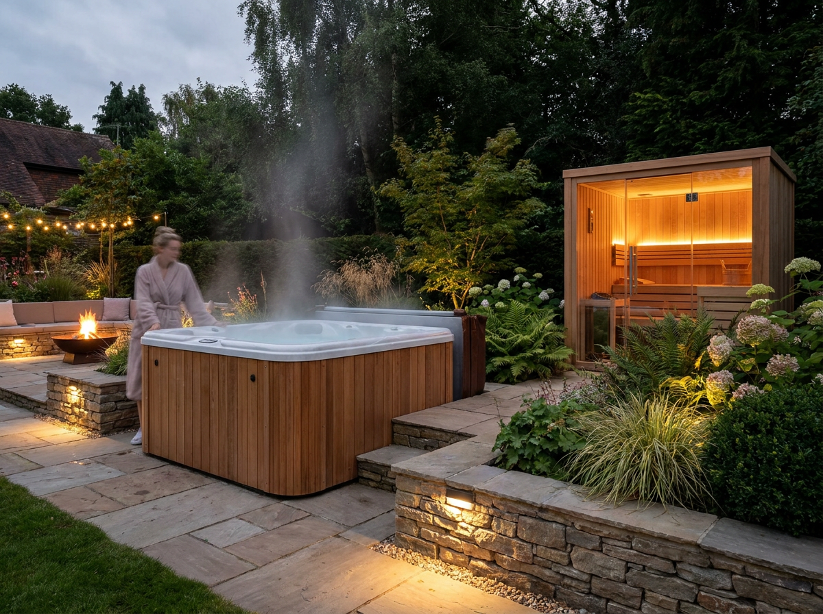Luxury home wellness space with hot tub and sauna in a landscaped UK garden at dusk
