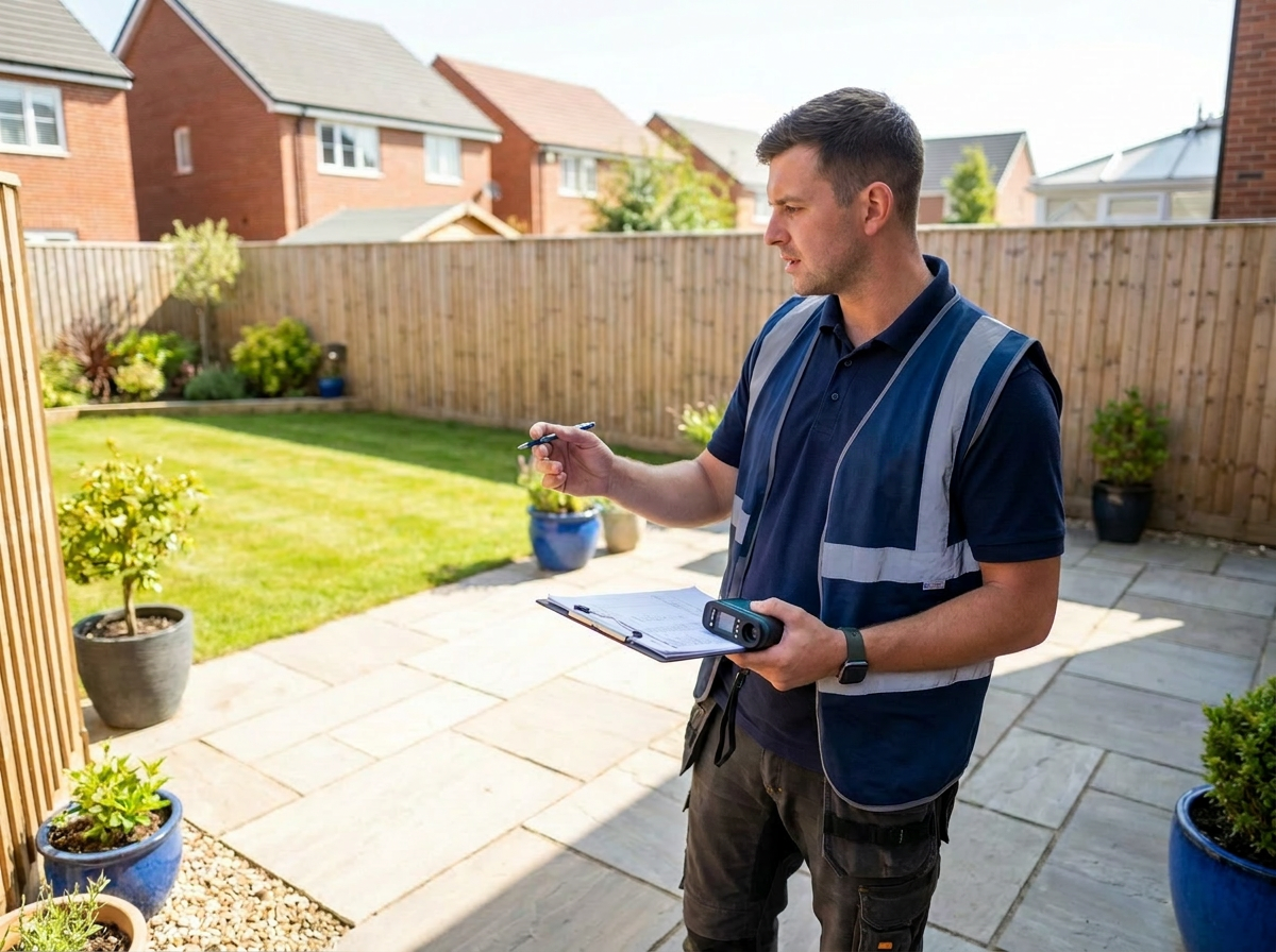 Technician conducting a site survey in a residential garden