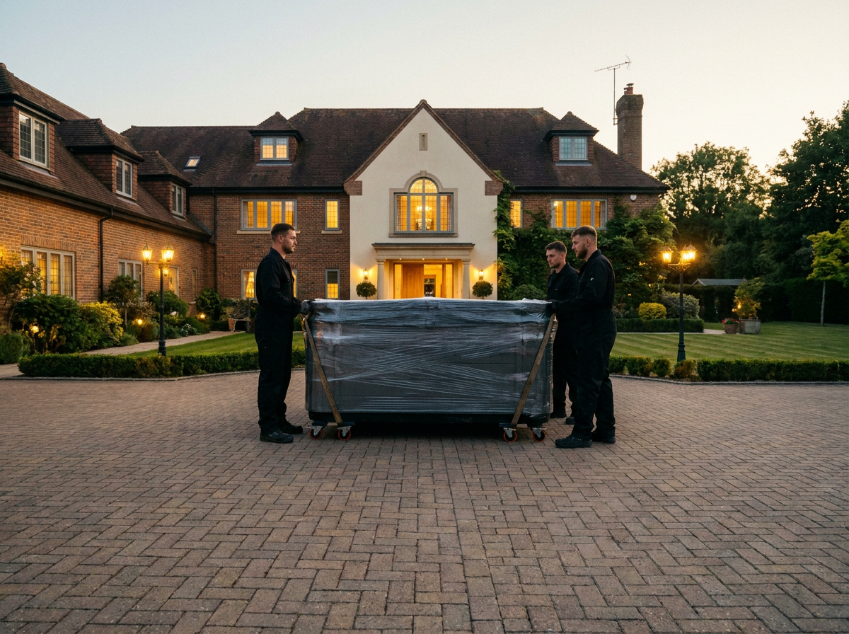 Professional team using specialist equipment to move a hot tub on a driveway