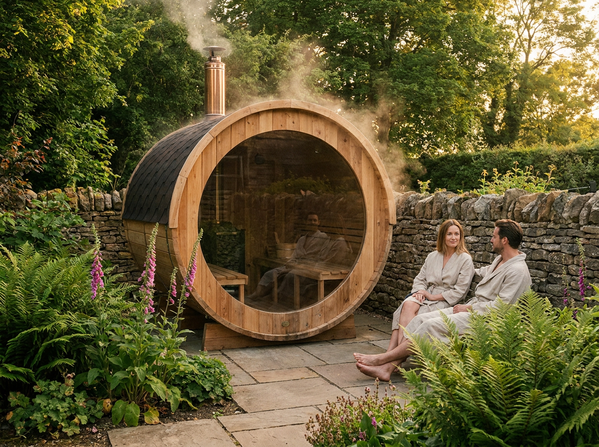 Premium outdoor Finnish barrel sauna in a UK garden