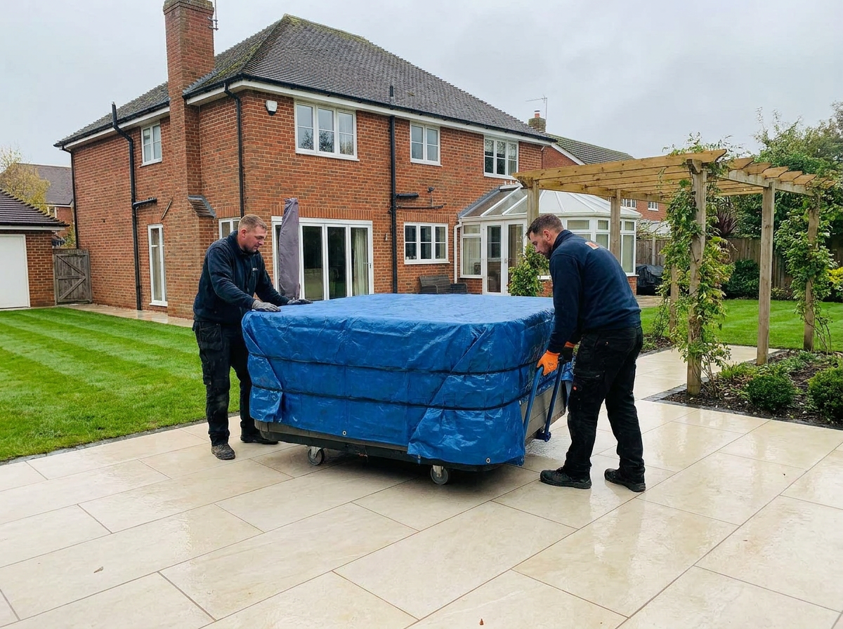Professionals positioning a wrapped hot tub on a landscaped patio of an upmarket English home