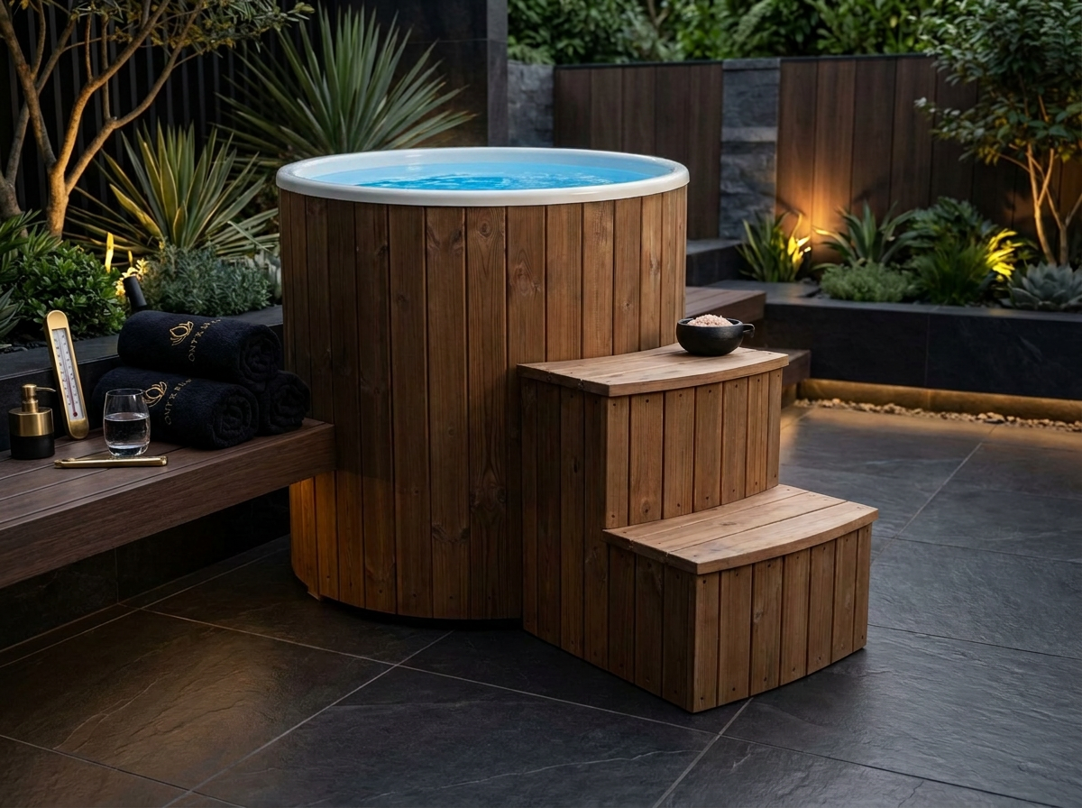Premium wooden cold plunge ice bath in an outdoor wellness space