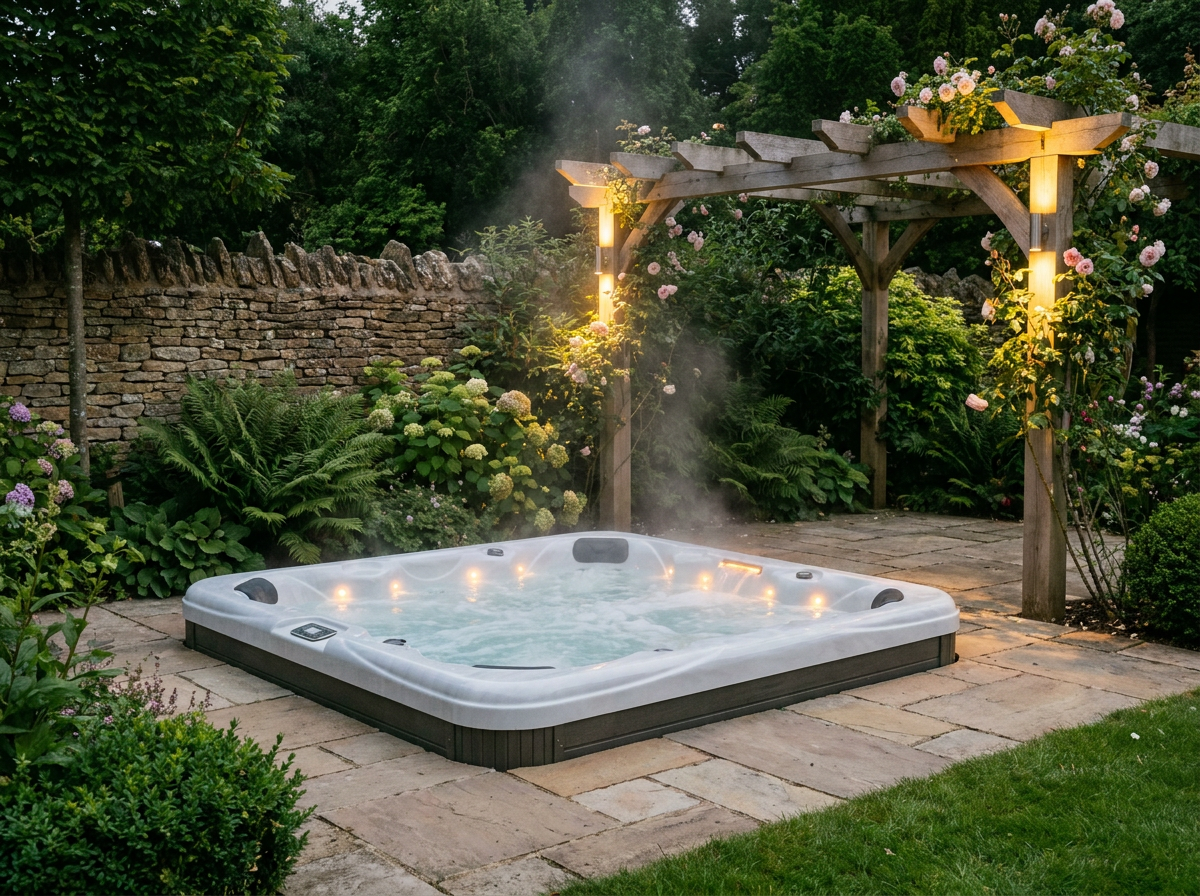 Premium hot tub in a landscaped UK garden at dusk