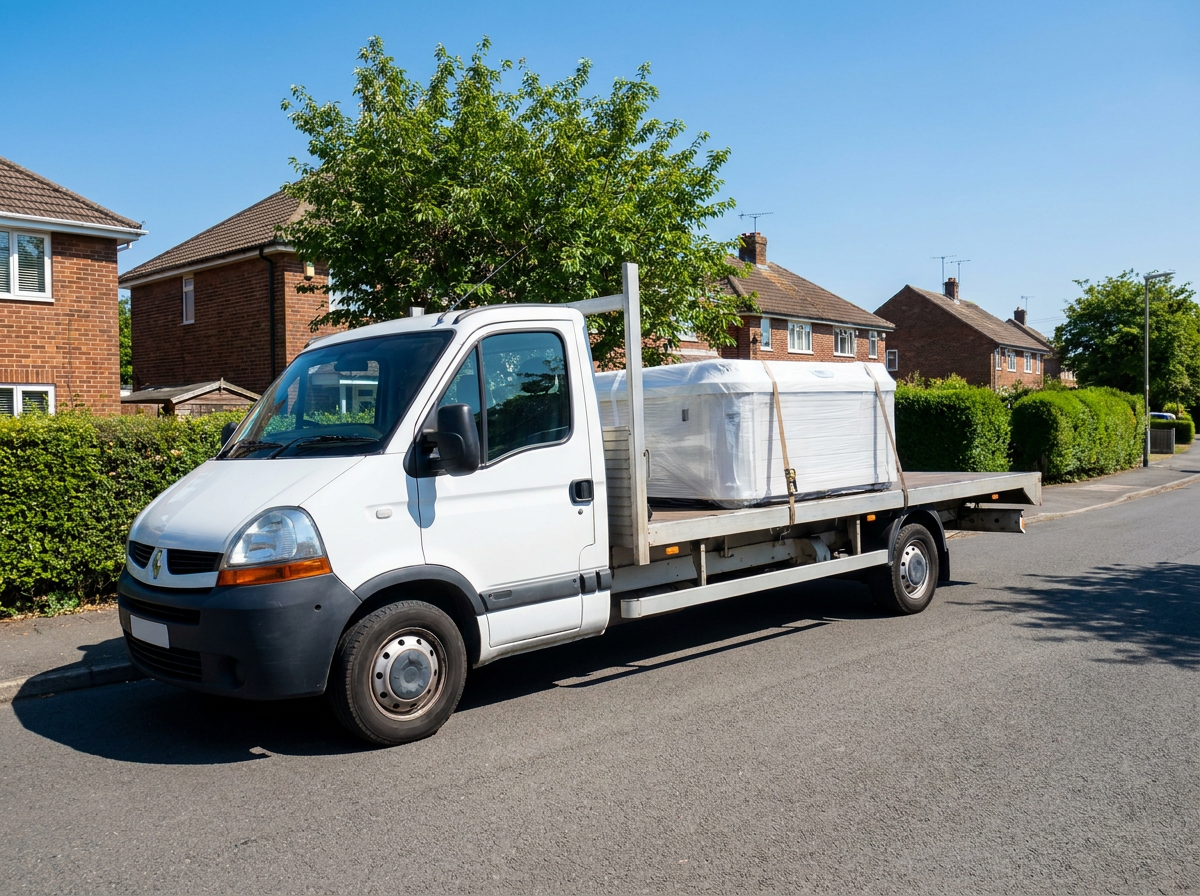 Wrapped hot tub loaded on a clean white flatbed truck ready for transport