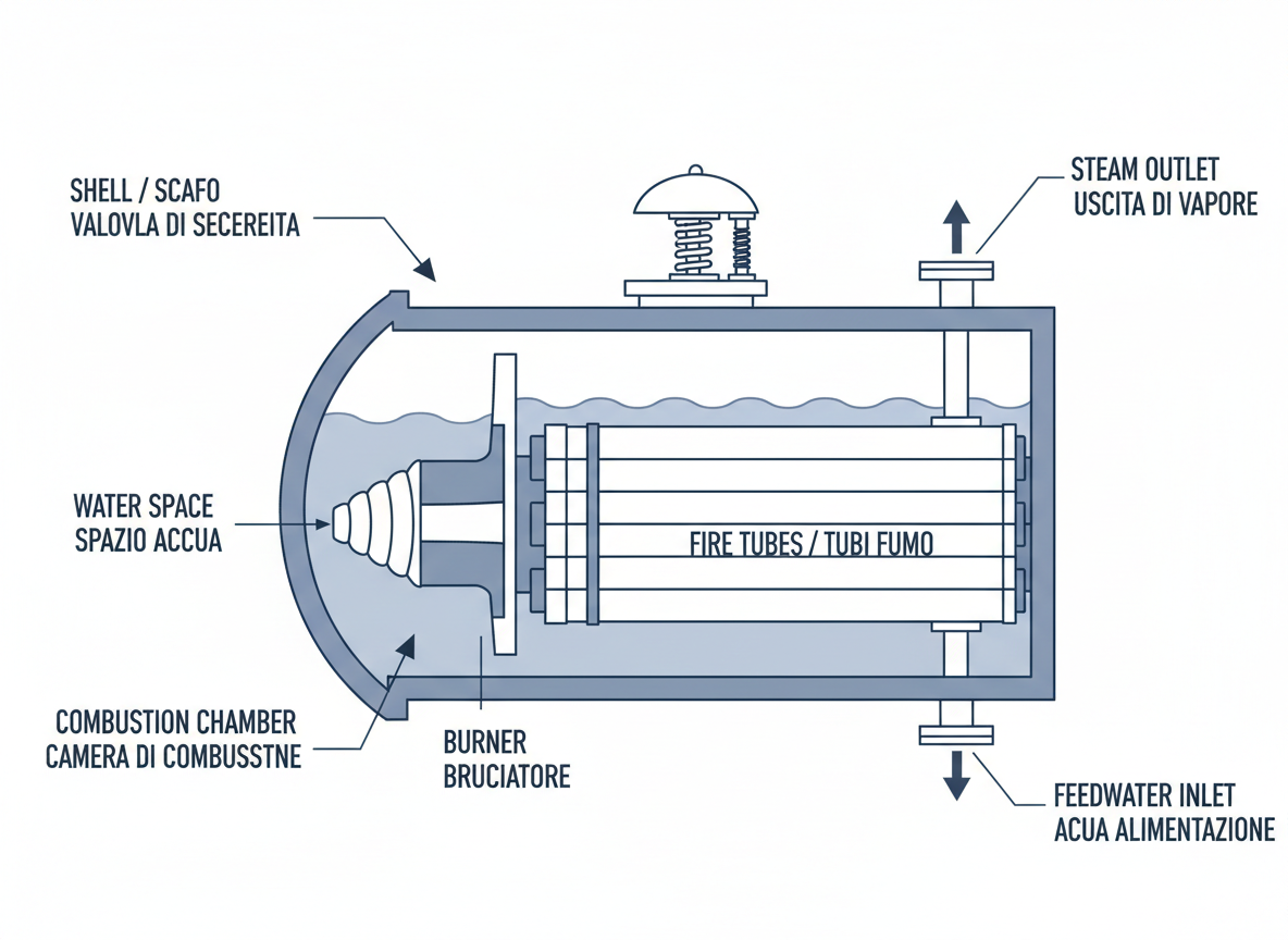Schema tecnico caldaia a tubi di fumo
