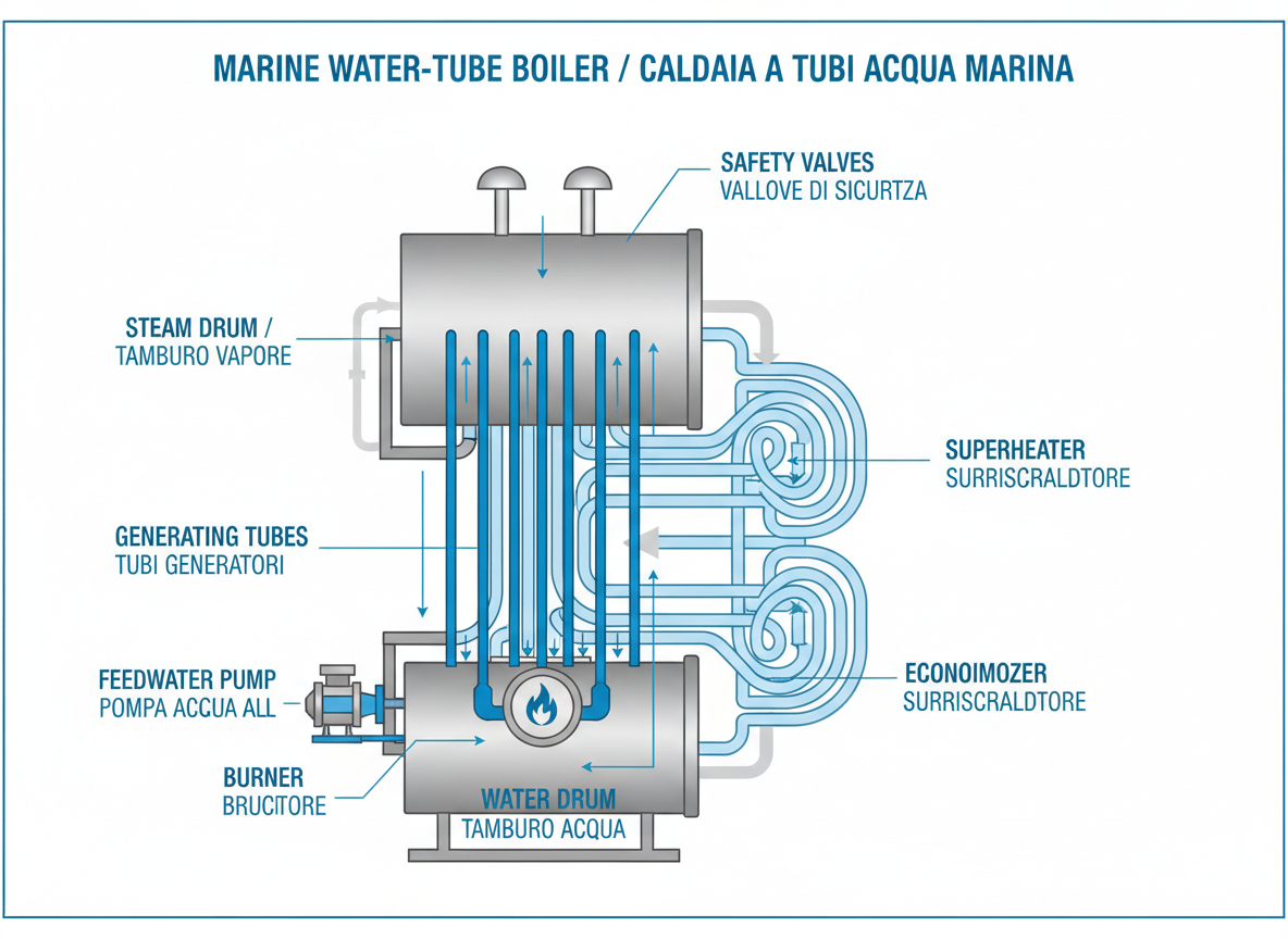 Schema tecnico caldaia a tubi d’acqua