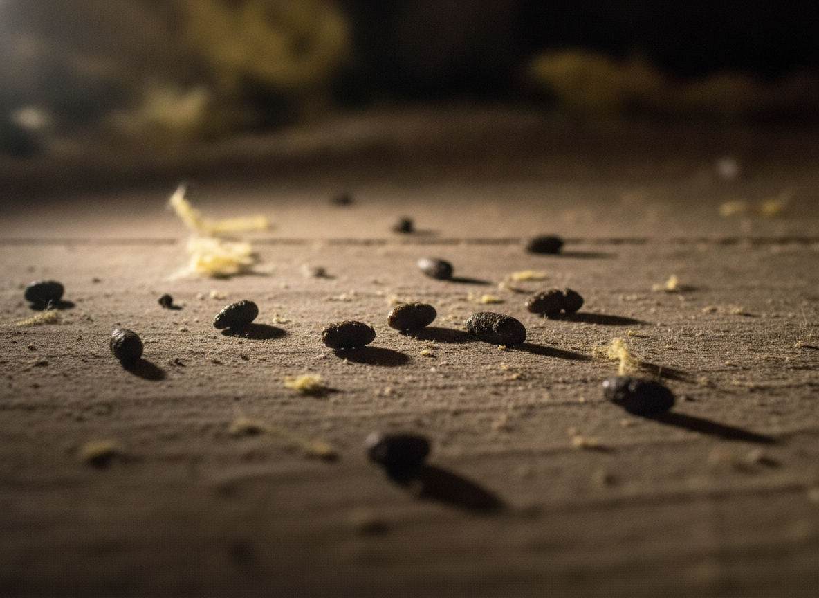 Rat droppings identification β dark capsule-shaped rat droppings scattered on a dusty loft floor board, a key sign of rat infestation in lofts across Crawley and West Sussex