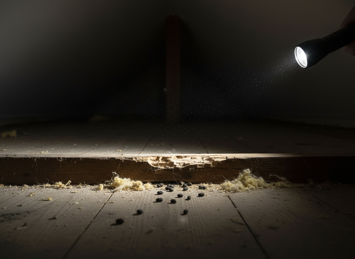 Rat damage in a loft — gnaw marks on wooden joists and rat droppings on loft floor boards, signs of rat infestation