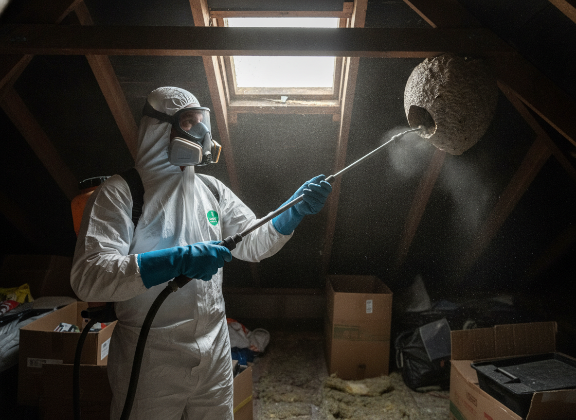 Professional pest controller in protective gear treating a wasp nest in a loft — safe wasp nest removal in Crawley, West Sussex