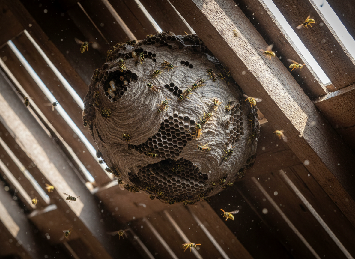 Active wasp nest on wooden rafters in a loft — professional wasp nest removal required
