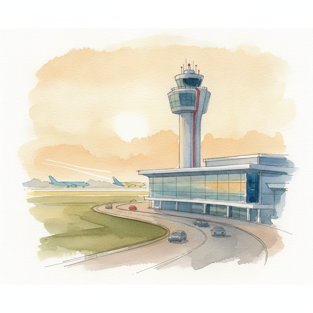 Gatwick Airport — the iconic terminal and control tower near Crawley