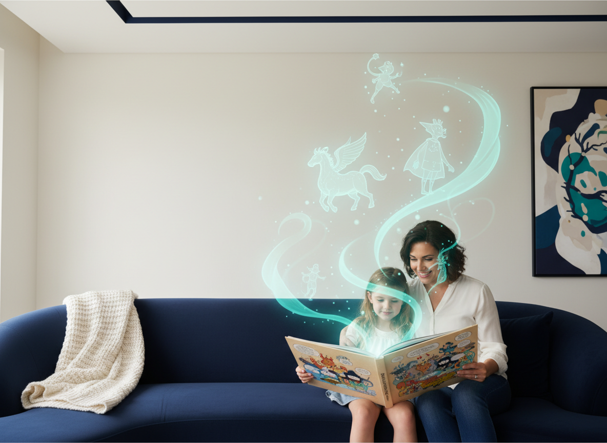 A family reading a Cinebook with subtle animation glow