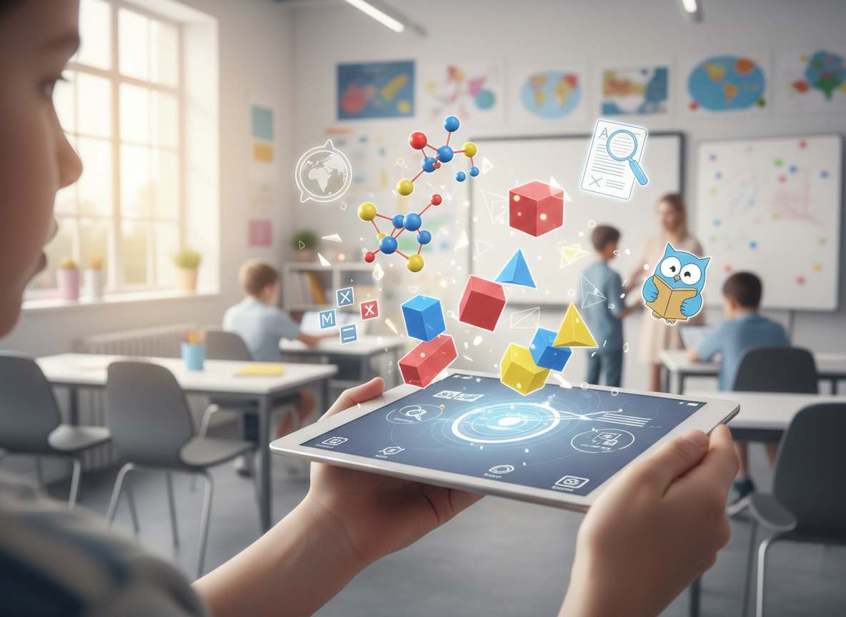 Child using AR tablet with 3D educational content