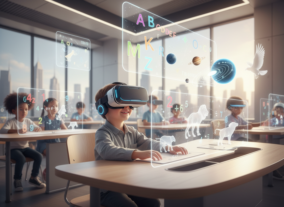 Child using VR headset with holographic learning elements
