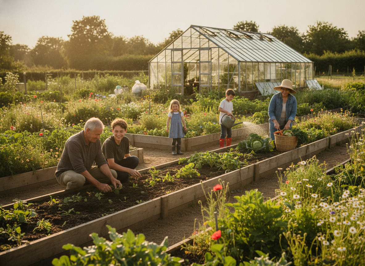 Community members working together in a vibrant organic garden