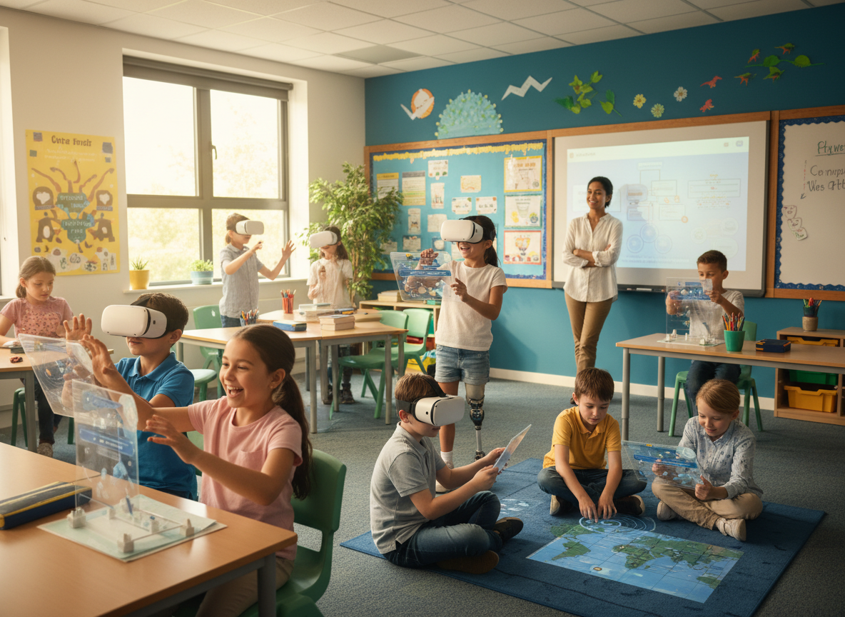 Diverse children engaged with XR technology while teacher supports them
