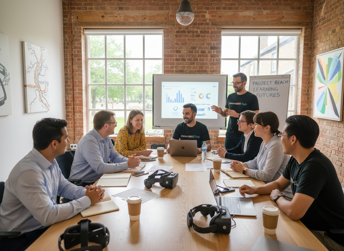 Collaborative meeting between educators, charity workers, and technology developers