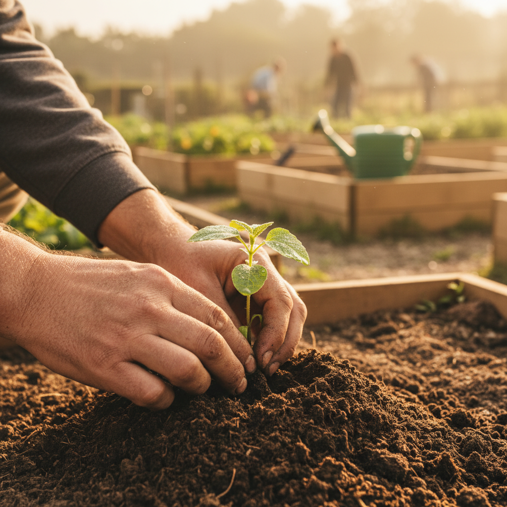 Hands planting a seedling in rich organic soil