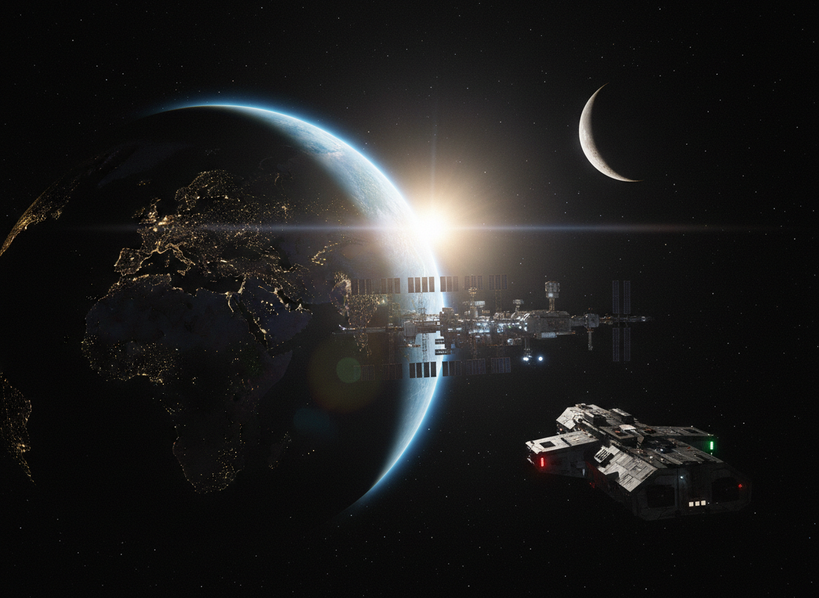 Earth from orbit with a ship departing toward the moon