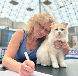 Fuoco with a judge at a cat show being admired