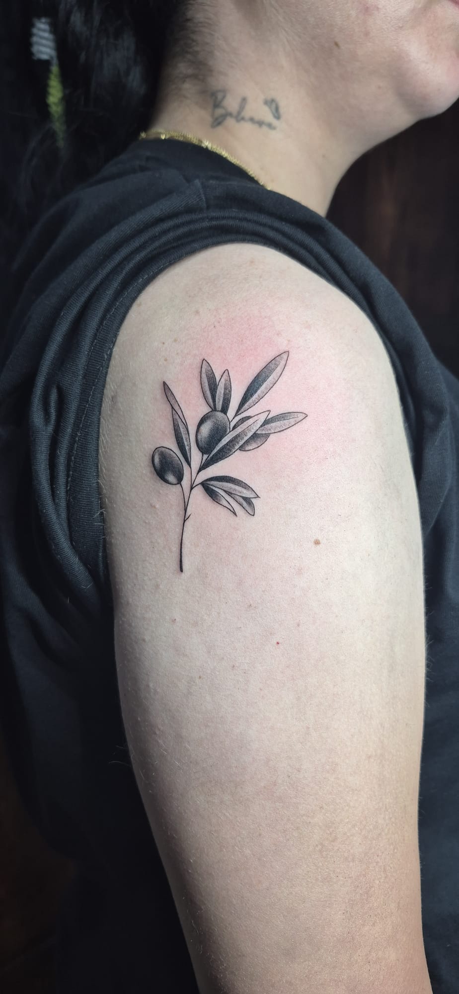 Olive branch shoulder tattoo by Luca Falzon