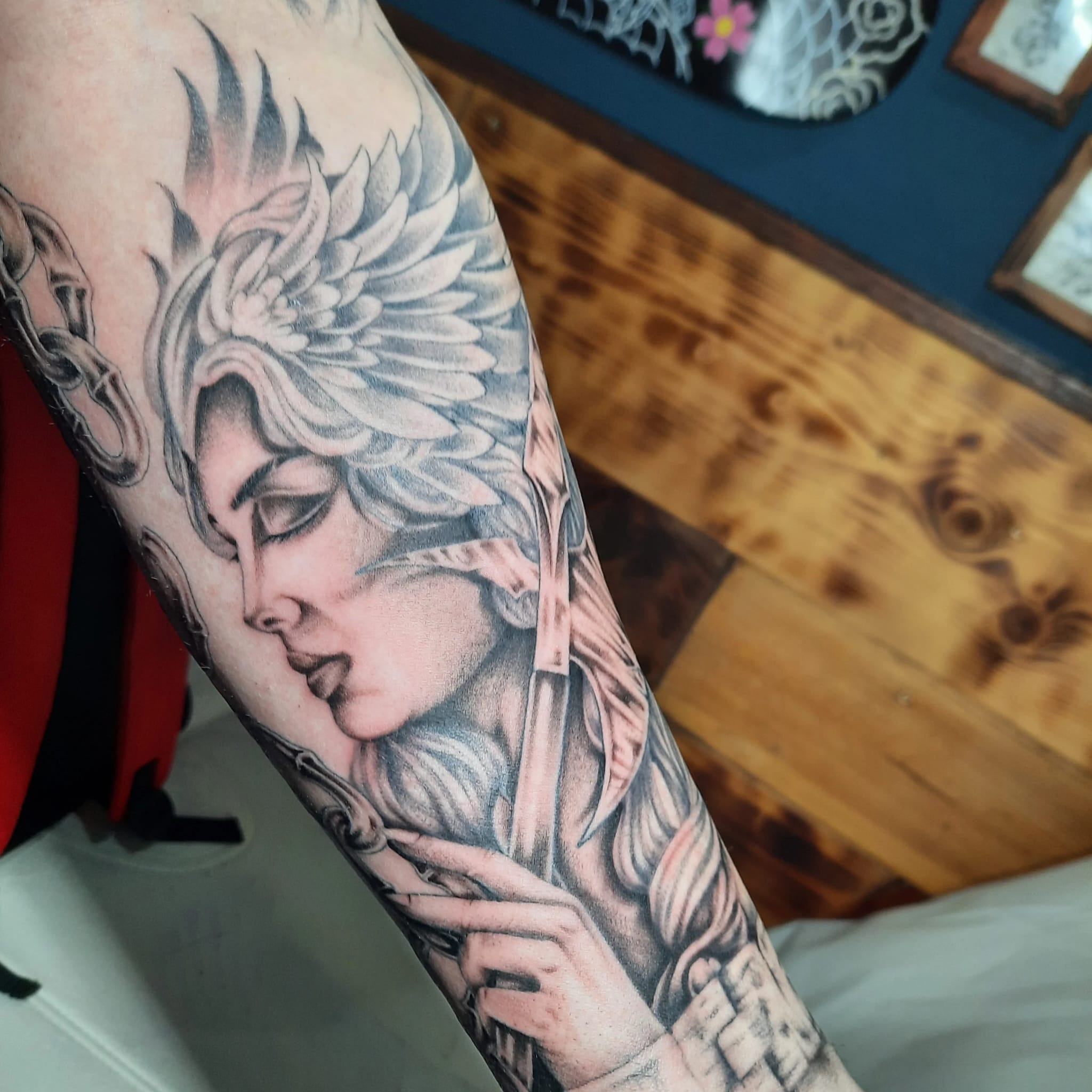 Valkyrie angel warrior woman forearm sleeve tattoo by Luca Falzon