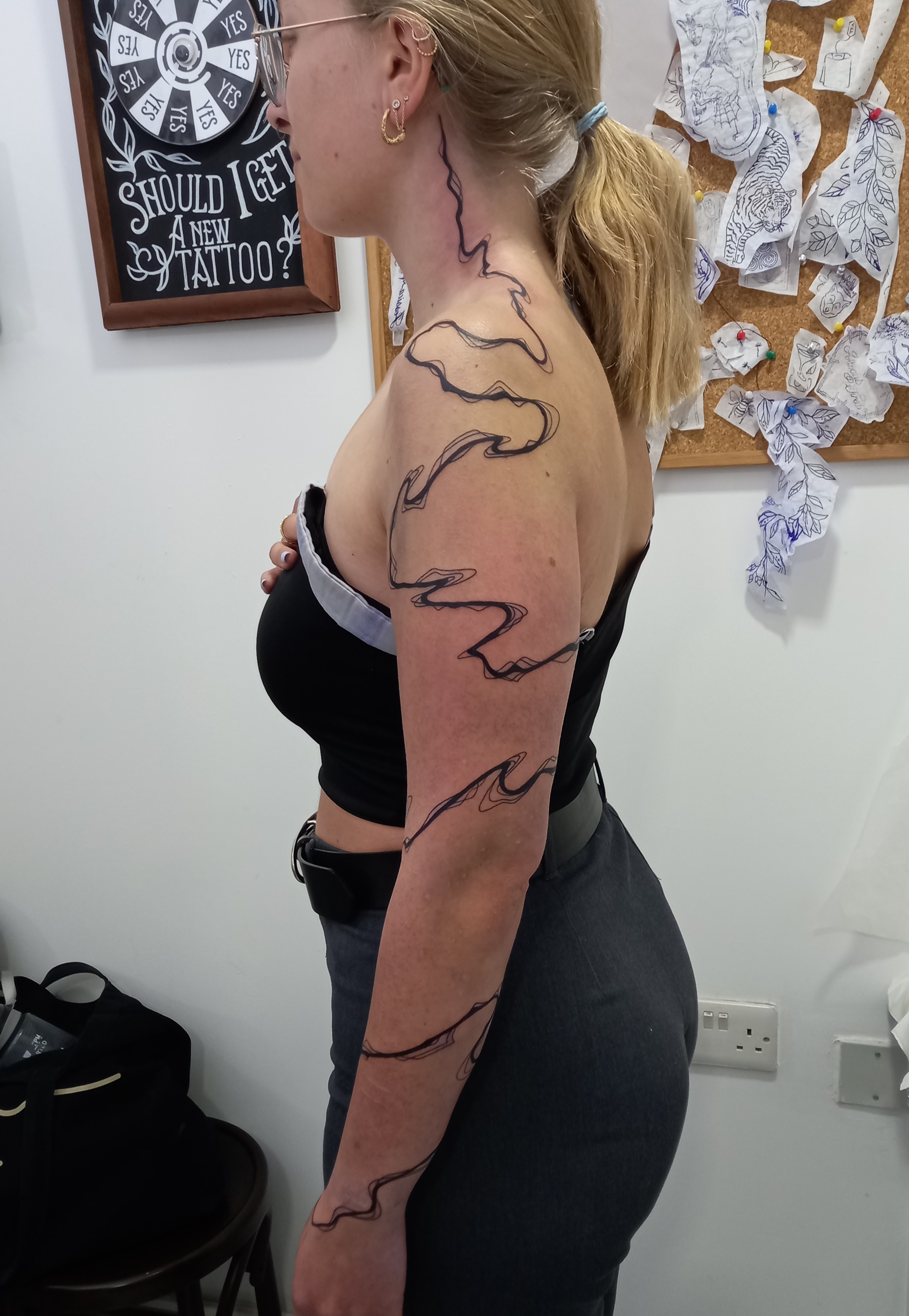 Abstract smoke flow linework full arm sleeve tattoo by Tori Talio
