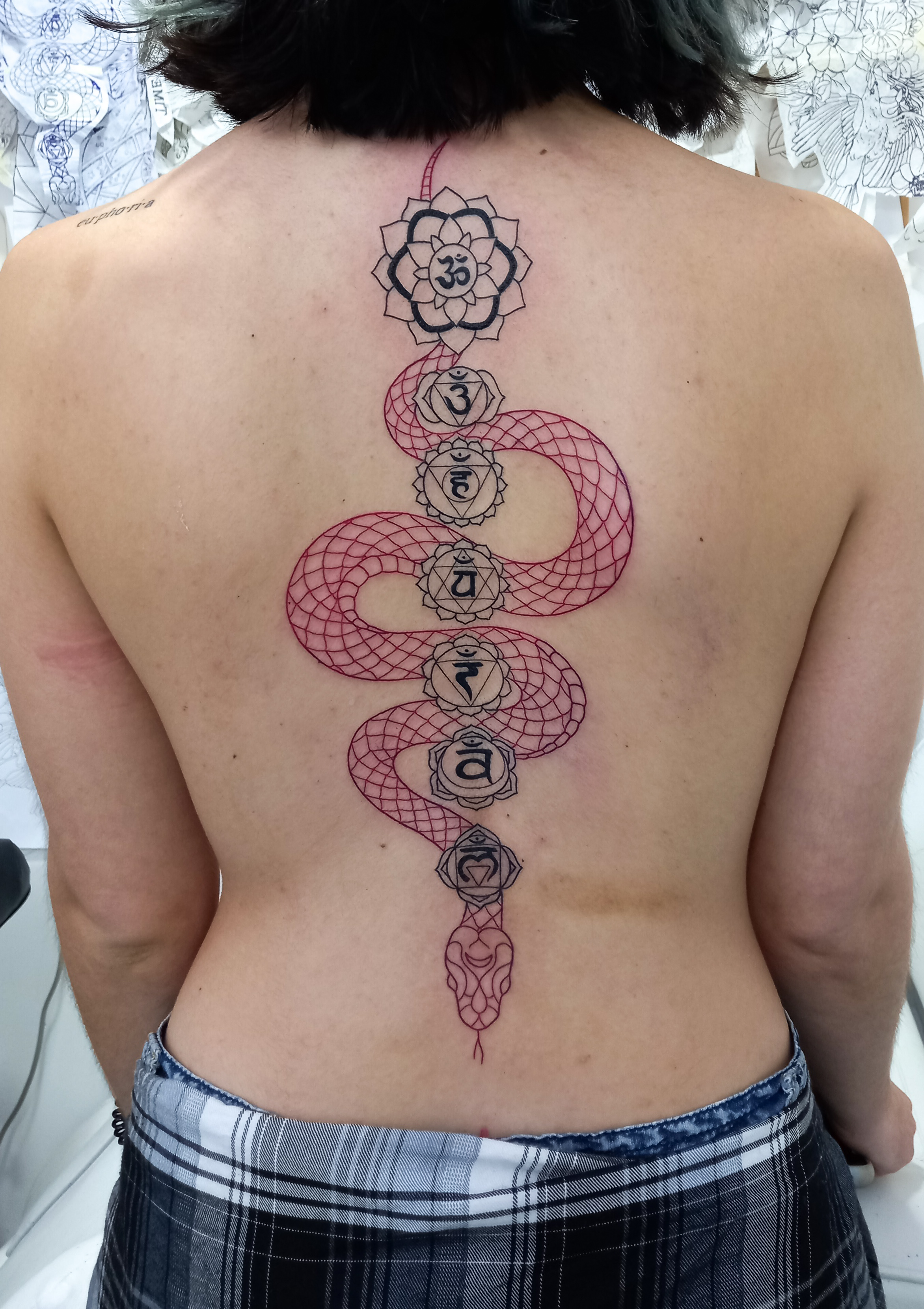 Kundalini chakra snake spine full back piece tattoo by Tori Talio