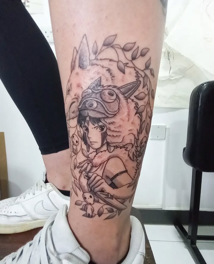 Princess Mononoke with wolf calf tattoo by Tori Talio