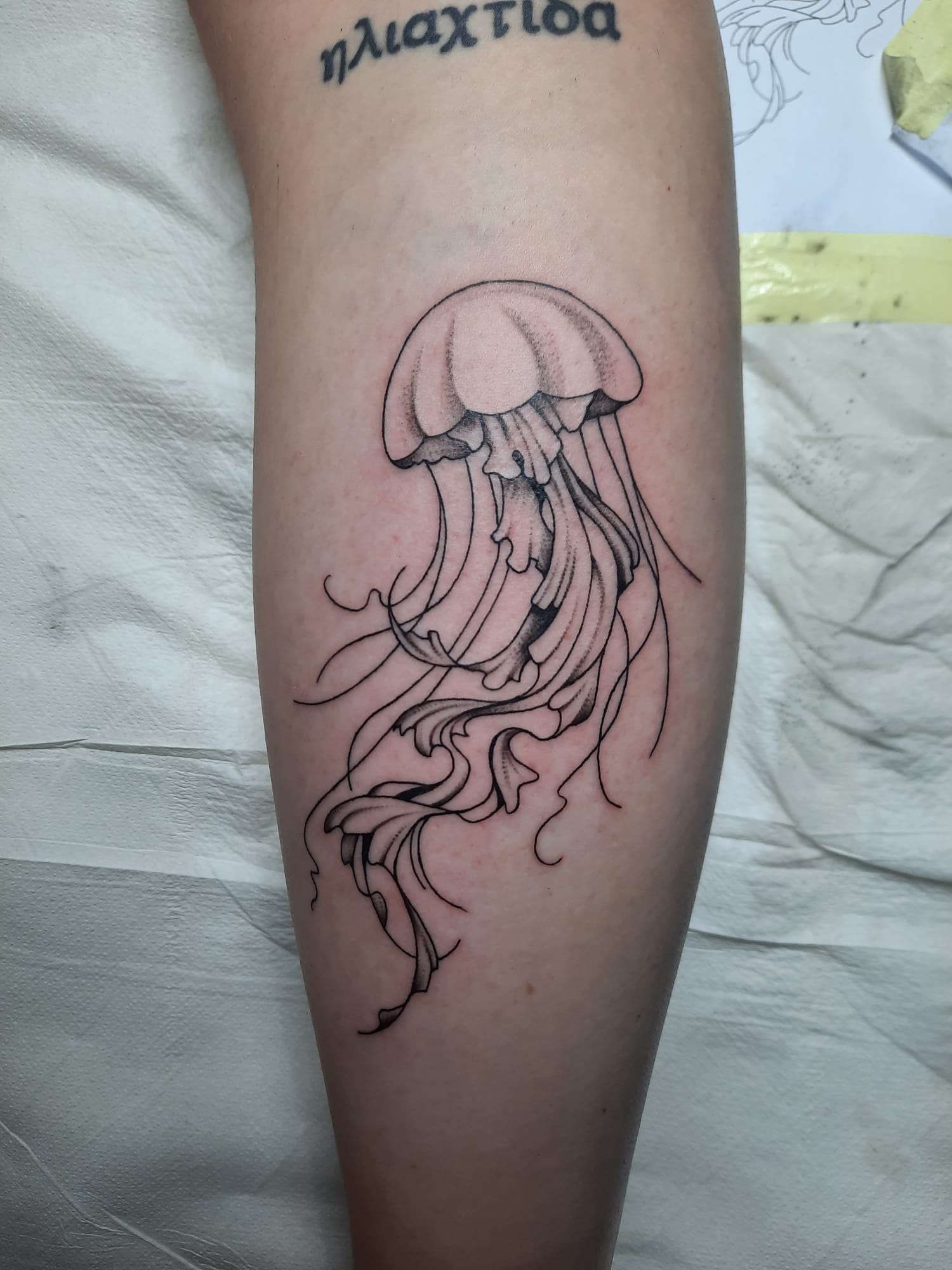 Jellyfish linework leg tattoo by Luca Falzon