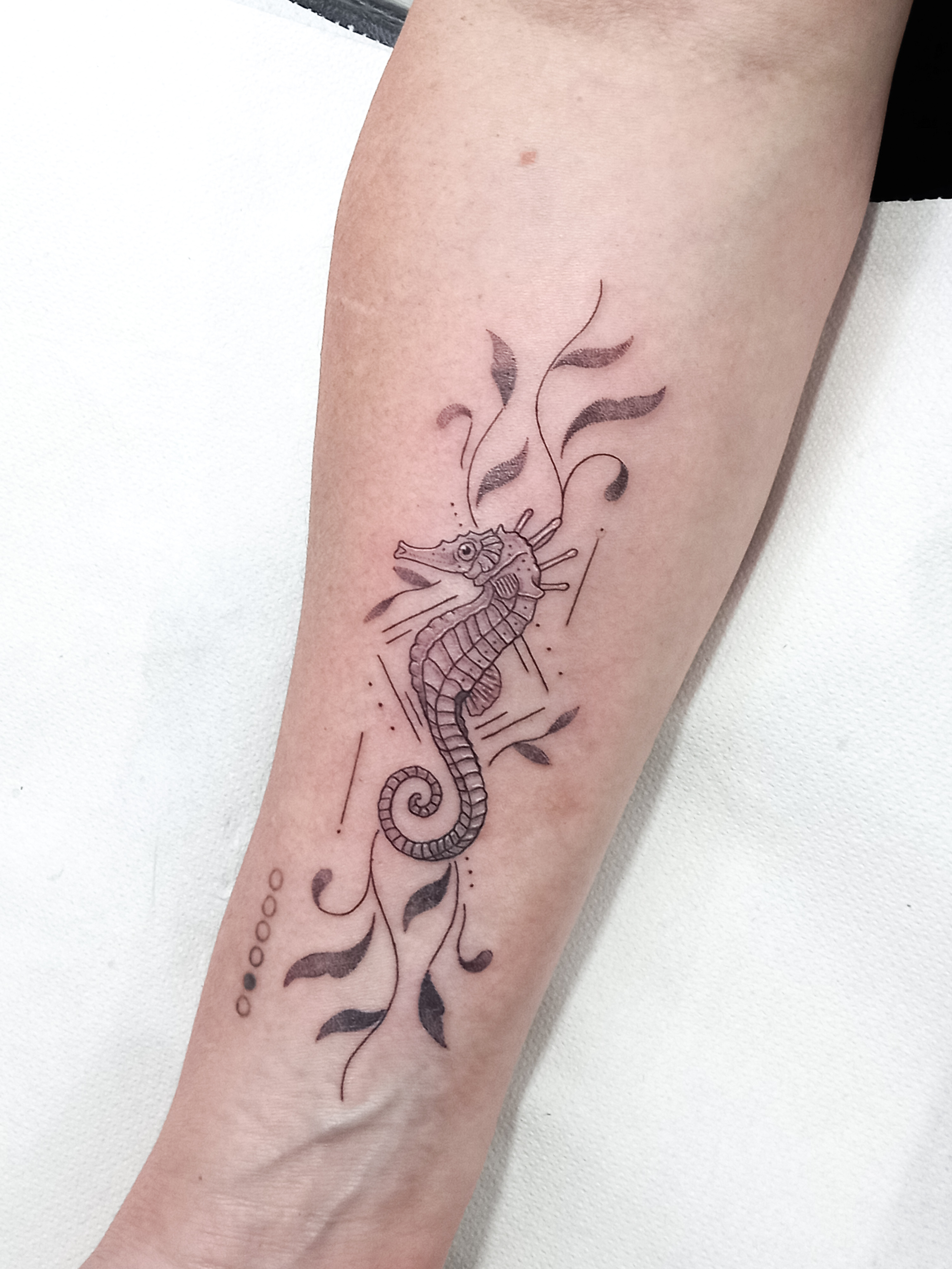 Seahorse with seaweed fine line forearm tattoo by Tori Talio