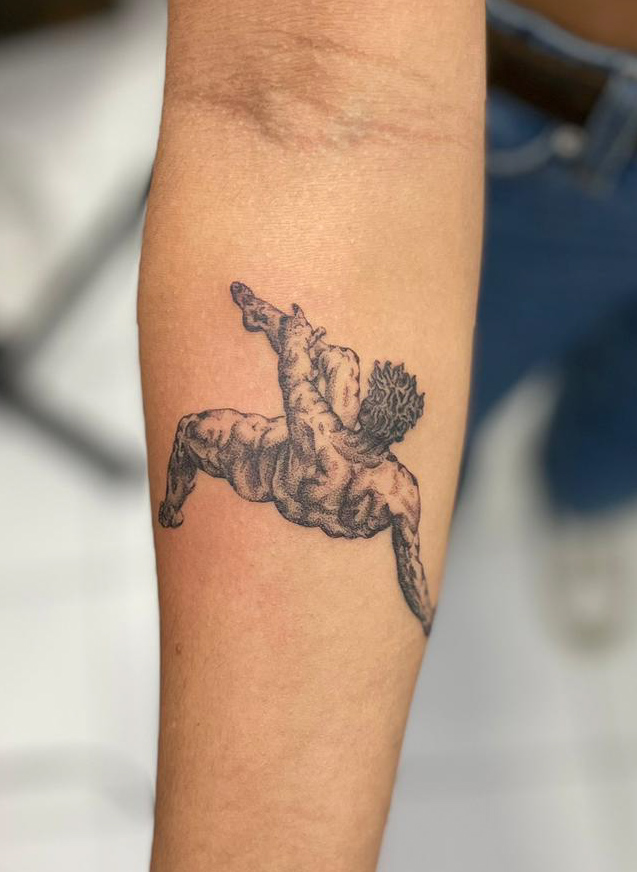 Falling angel classical figure fine line forearm tattoo by Tori Talio