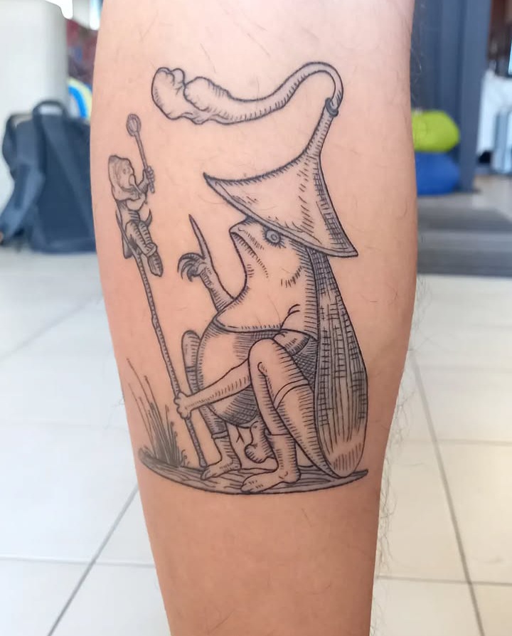Hieronymus Bosch creature linework calf tattoo by Tori Talio