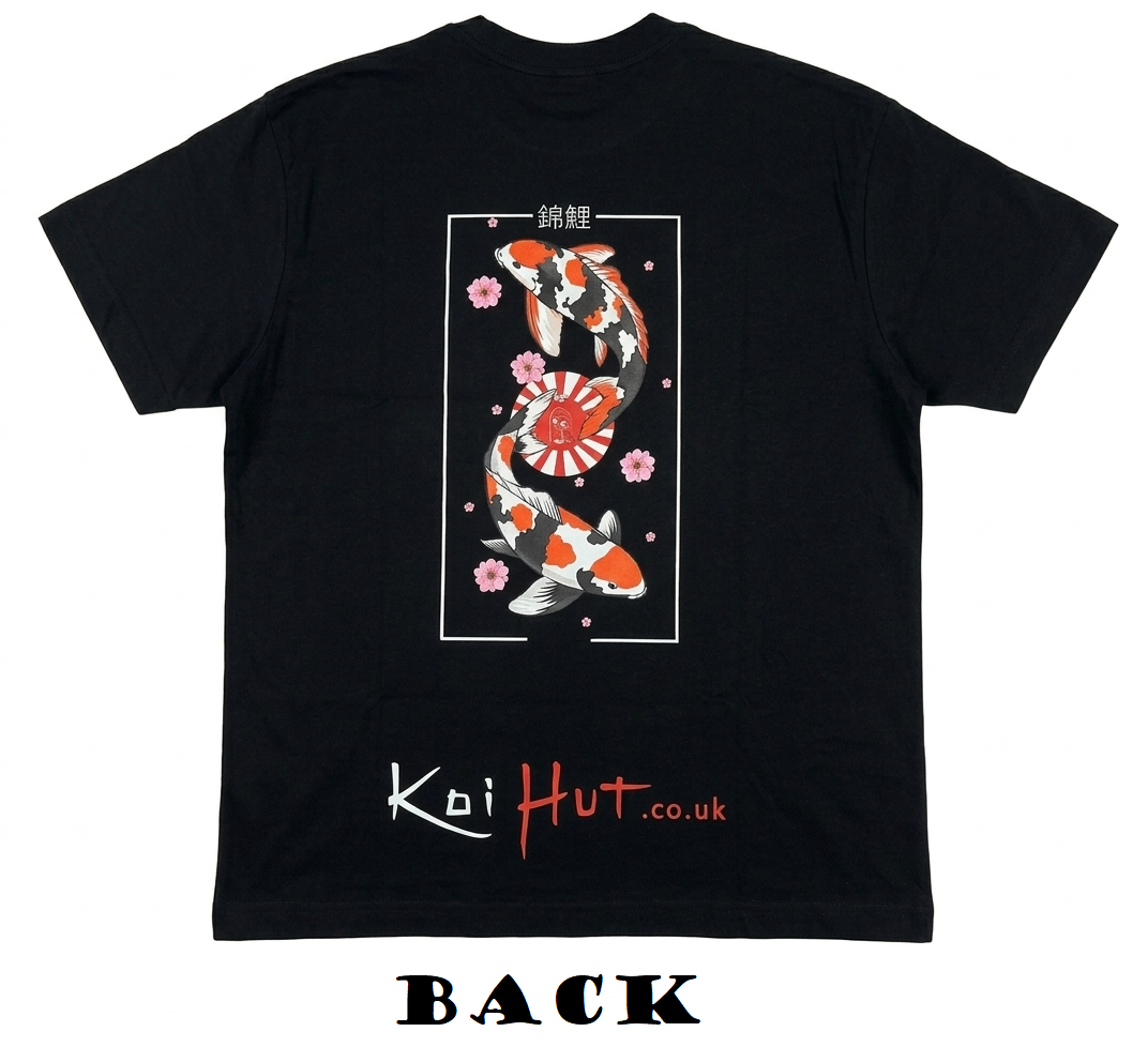 Koi Hut Heavyweight T-Shirt — back with two koi design and Nishikigoi kanji