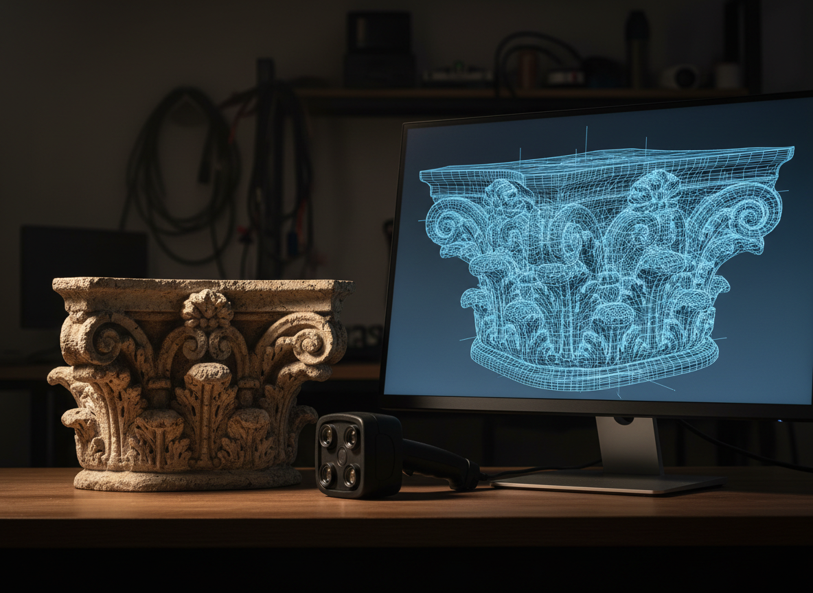 Scansione 3D elemento architettonico con modello digitale su monitor - Design CH2