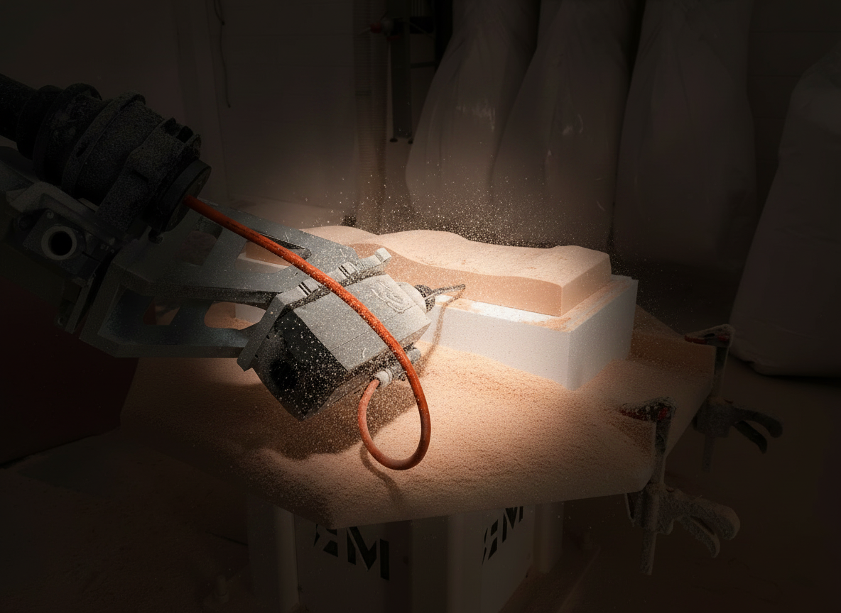 Robot KUKA in azione durante la fresatura di polistirolo — lavorazione su misura Design CH2