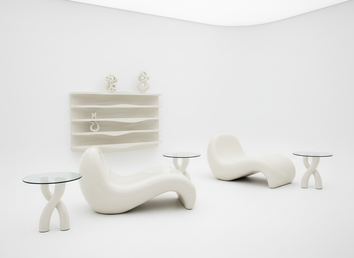Arredamento su misura — collezione Wave con chaise longue, tavolini e mensola scultorea Design CH2