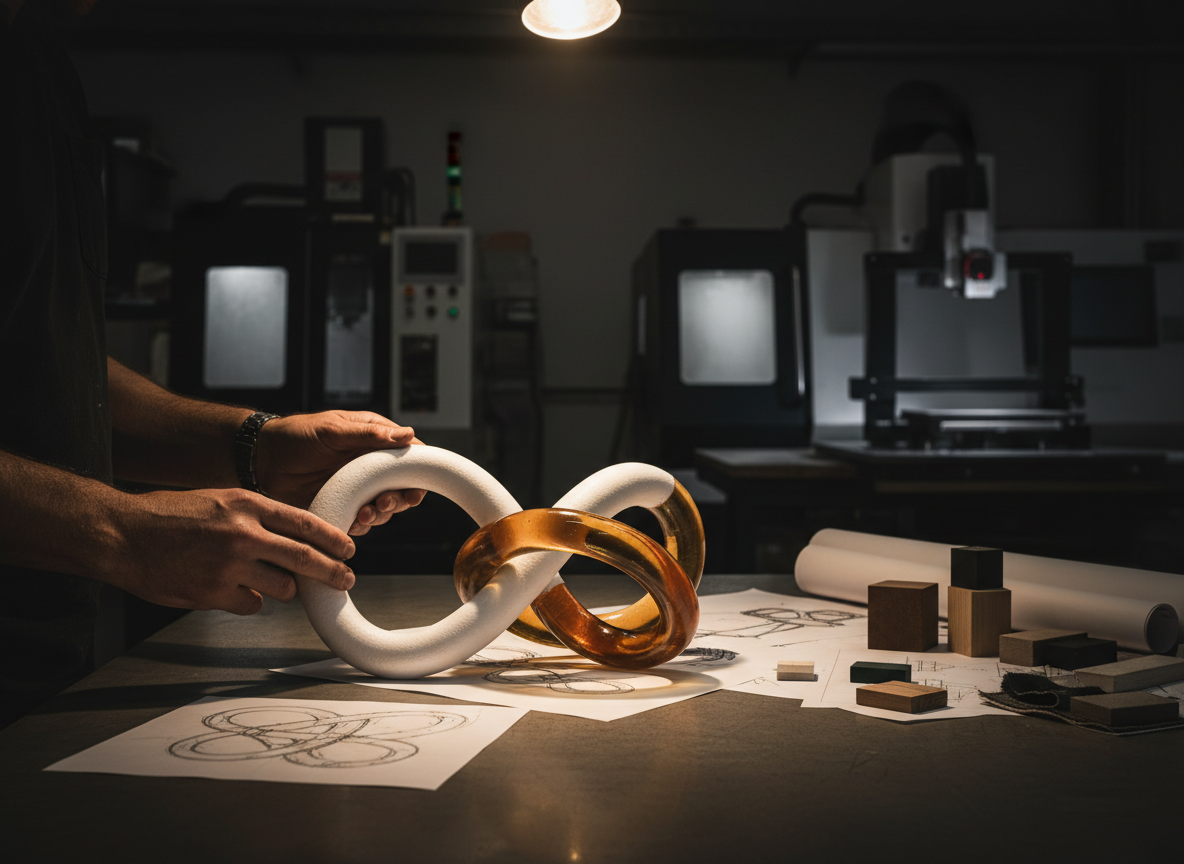 Prototipazione dark moody studio — mani che tengono forma scultorea in polistirolo e resina dorata Design CH2