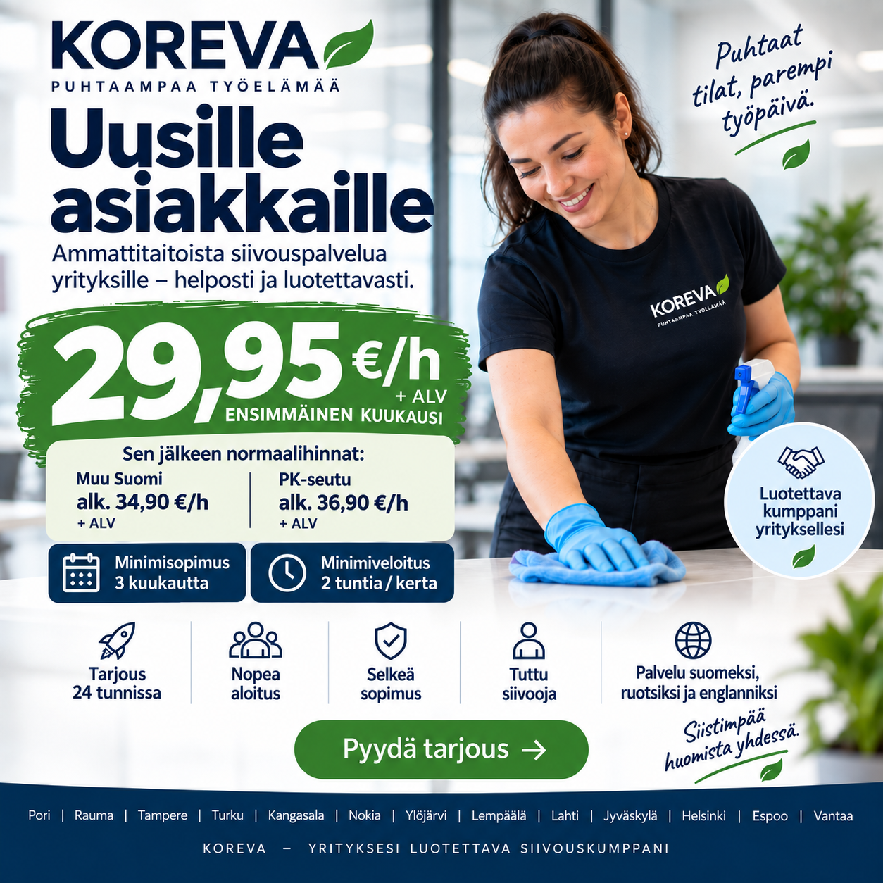 Koreva siivouspalvelu — uusille asiakkaille kampanjahinnoittelu