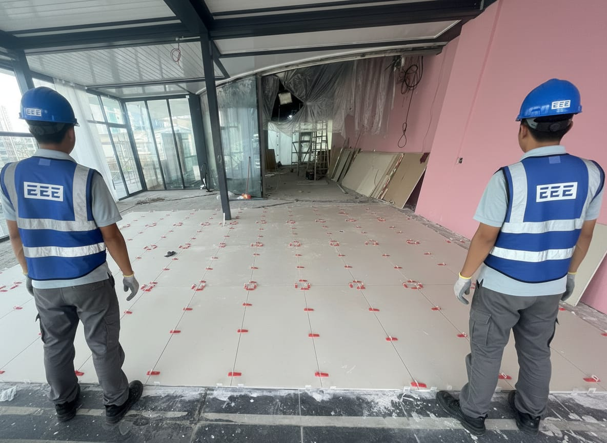 Two ELCO workers in EEE branded blue vests and helmets inspecting floor tiling work with leveling spacers at a commercial fit-out site