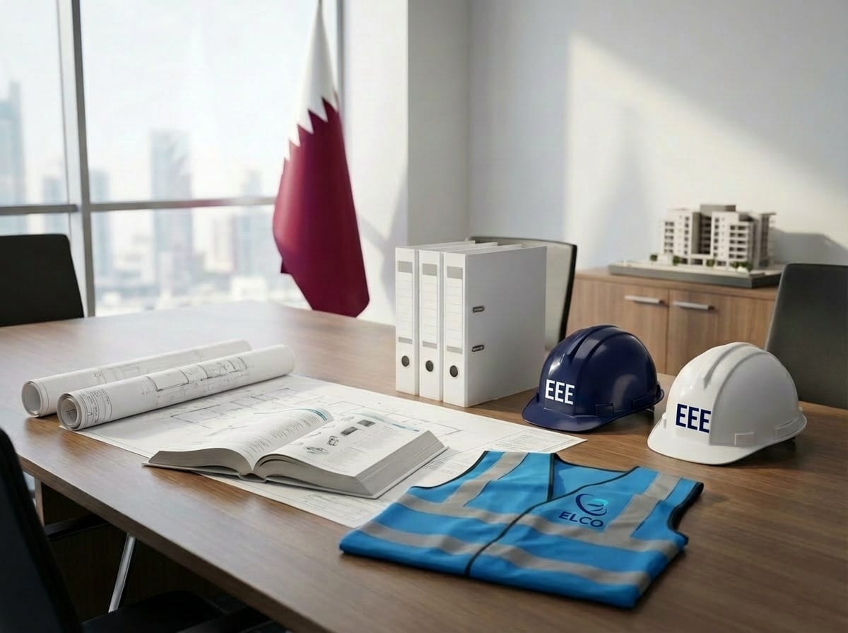 ELCO Engineering Enterprises branded hard hats, safety vest, engineering drawings and building model on office desk with Qatar flag and Doha skyline